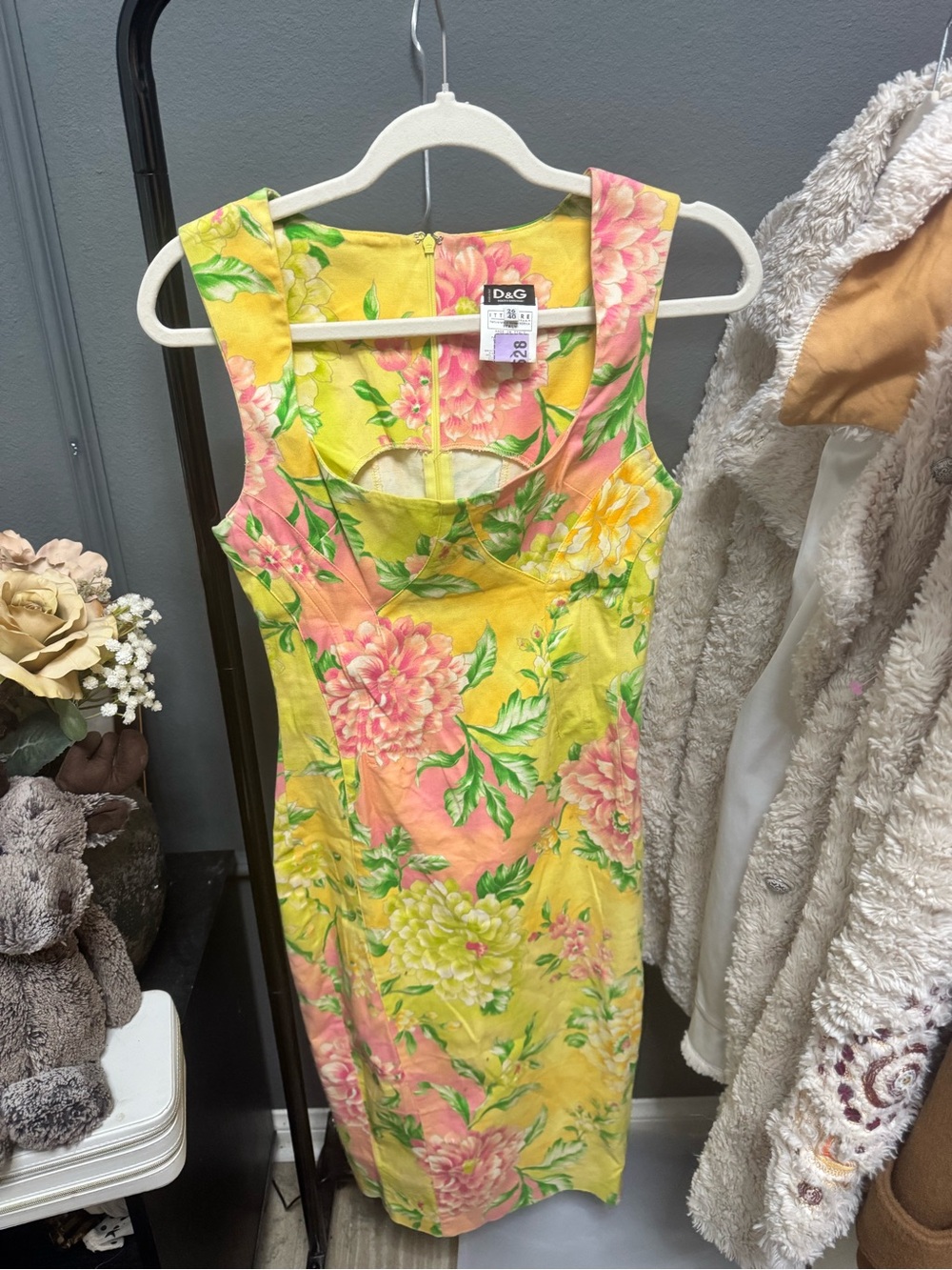 Dolce & Gabbana Yellow Floral Midi Dress with Pink Blossoms